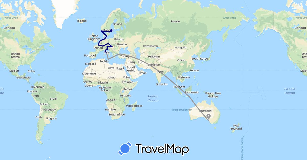 TravelMap itinerary: driving, plane in Austria, Australia, Belgium, Czech Republic, Germany, Denmark, France, Croatia, Hungary, Indonesia, Italy, Malta, Netherlands, Norway, Sweden, Turkey (Asia, Europe, Oceania)